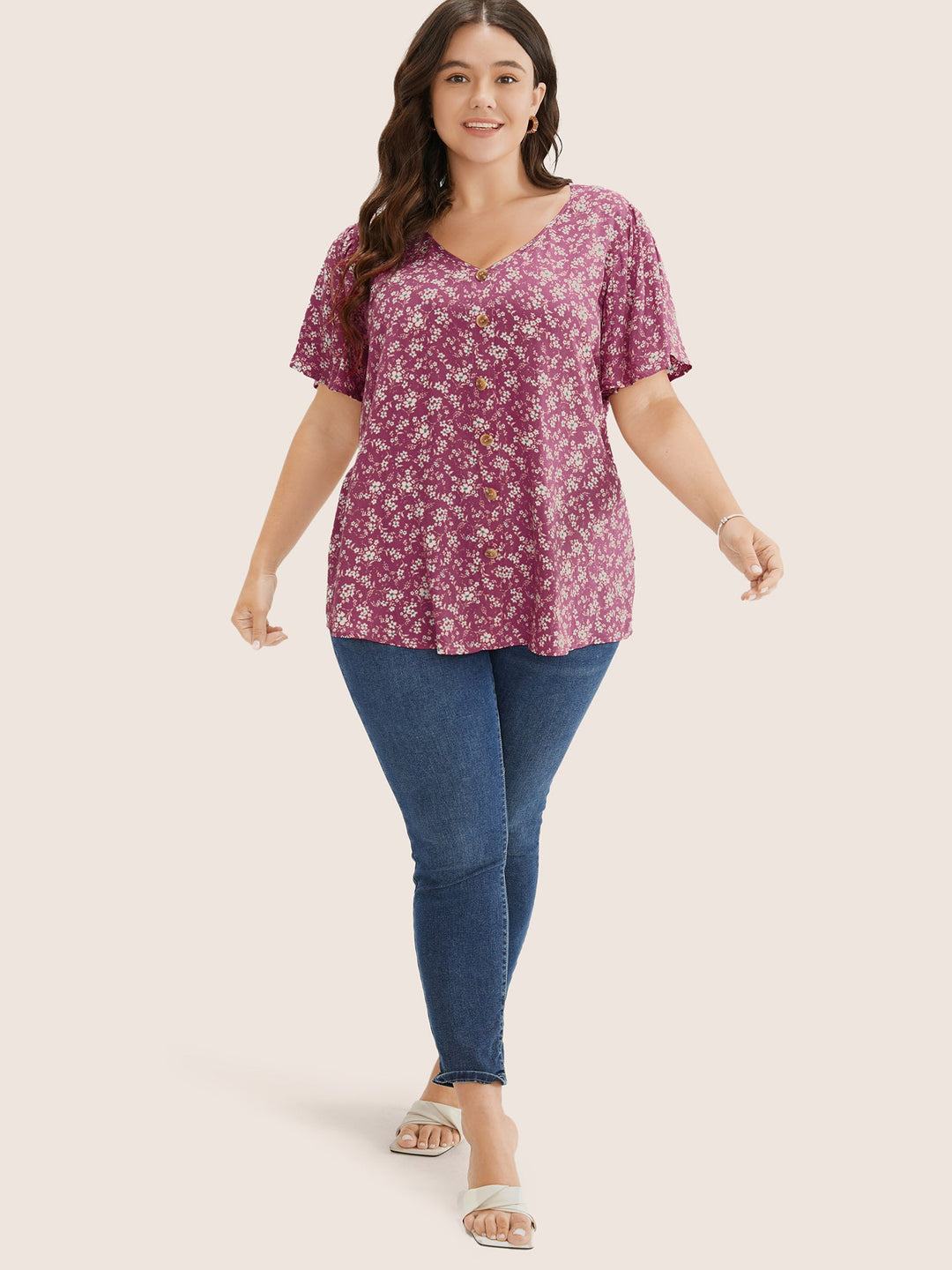 Ditsy Floral Contrast Ruffle Sleeve Button Detail Blouse