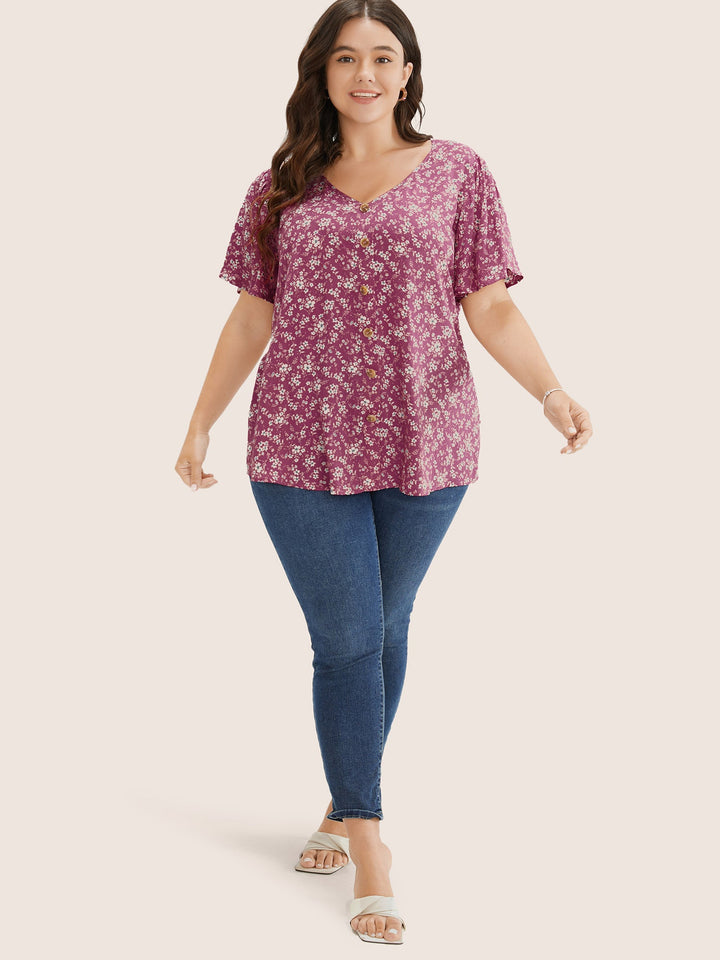 Ditsy Floral Contrast Ruffle Sleeve Button Detail Blouse
