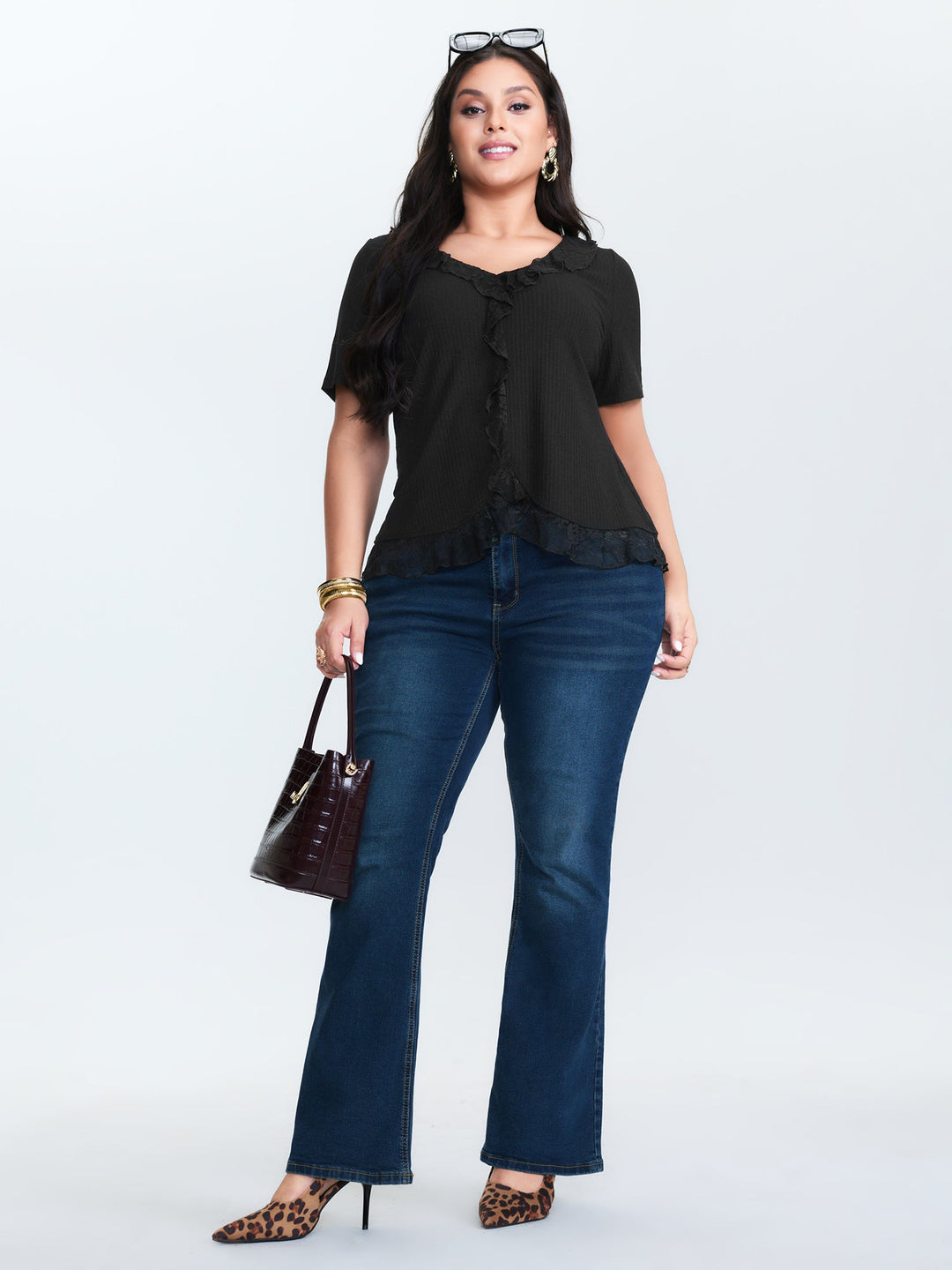 Ruffled Lace Textured Curvy Hem Jersey Top
