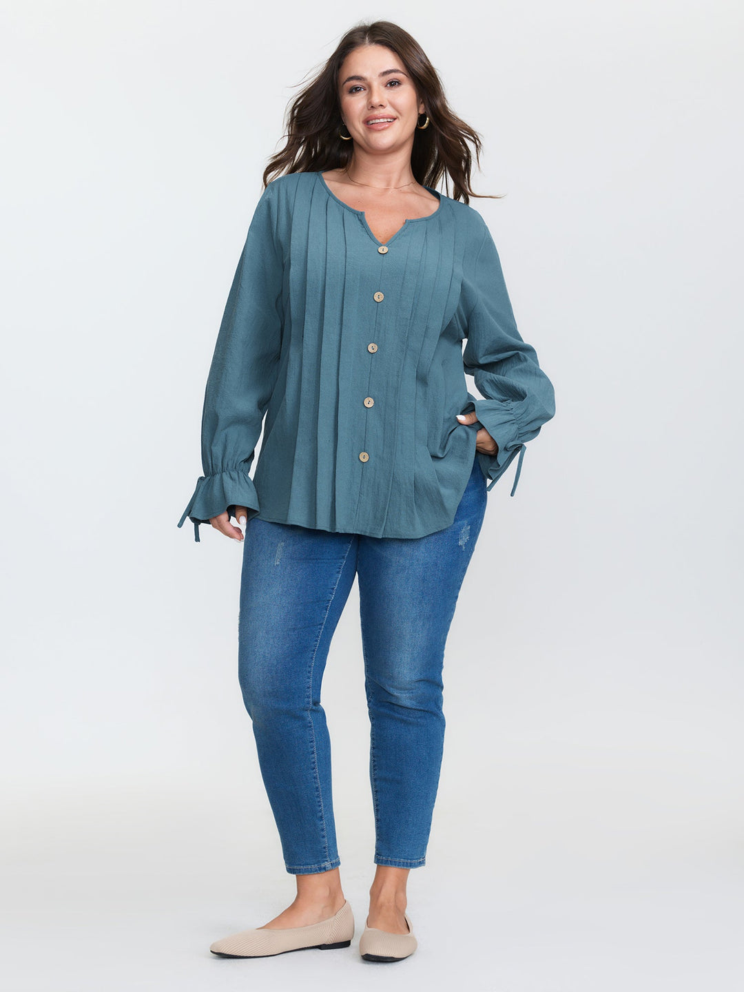 Pure Cotton Toothpick Pleat Tie Blouse