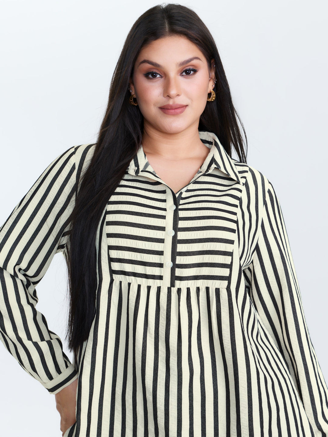 Striped Collar Textured Half-Placket Blouse