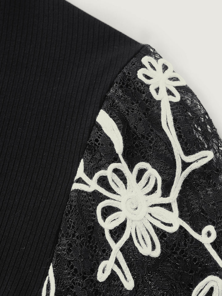 Floral Embroidered Lace Mock Neck Knit Top