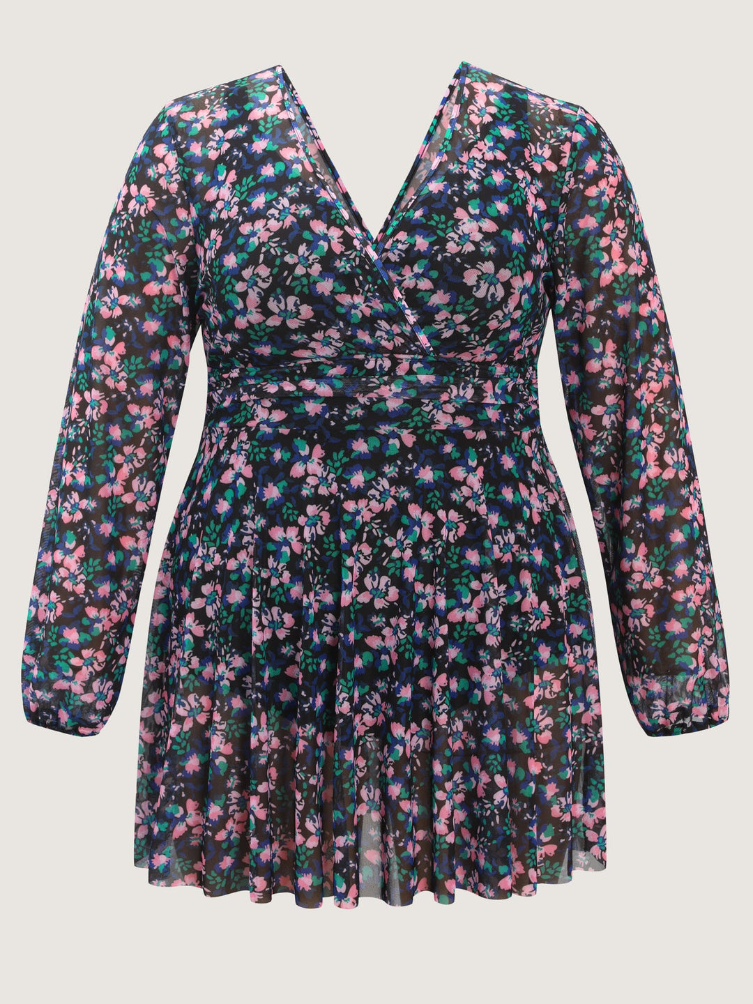 Floral Print Long Sleeve Layered Swim Dress