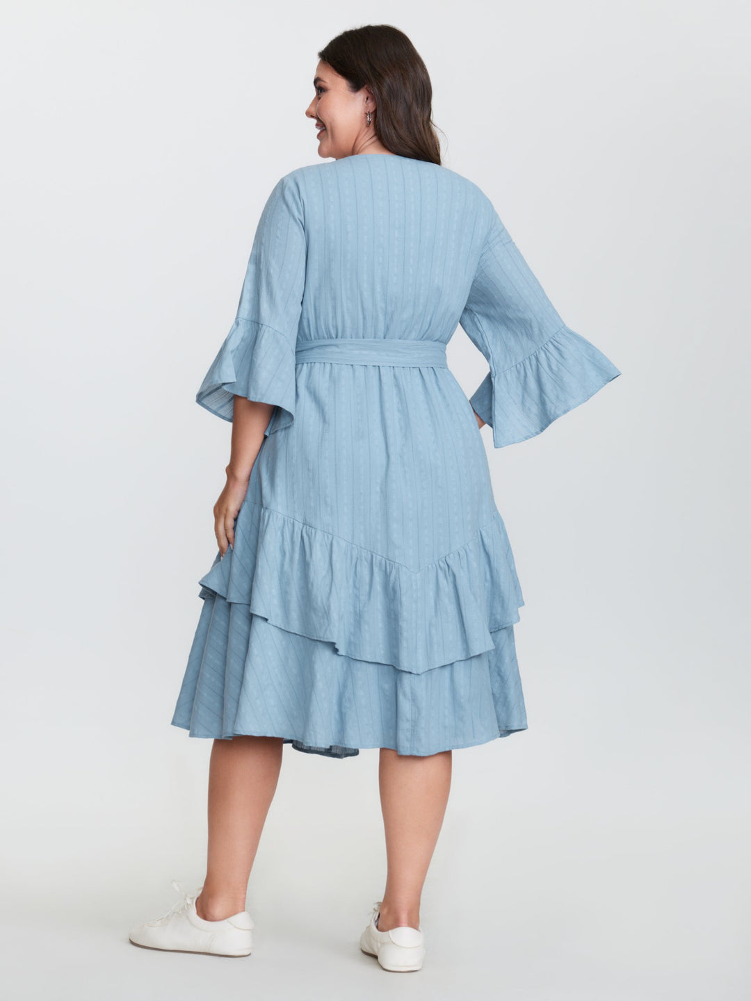 Pure Cotton Jacquard Textured Waist-Tie Midi Dress