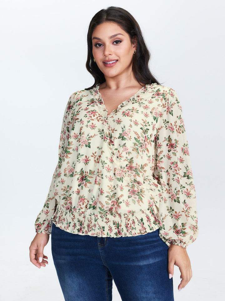 Floral Print Shirred Hem Blouse