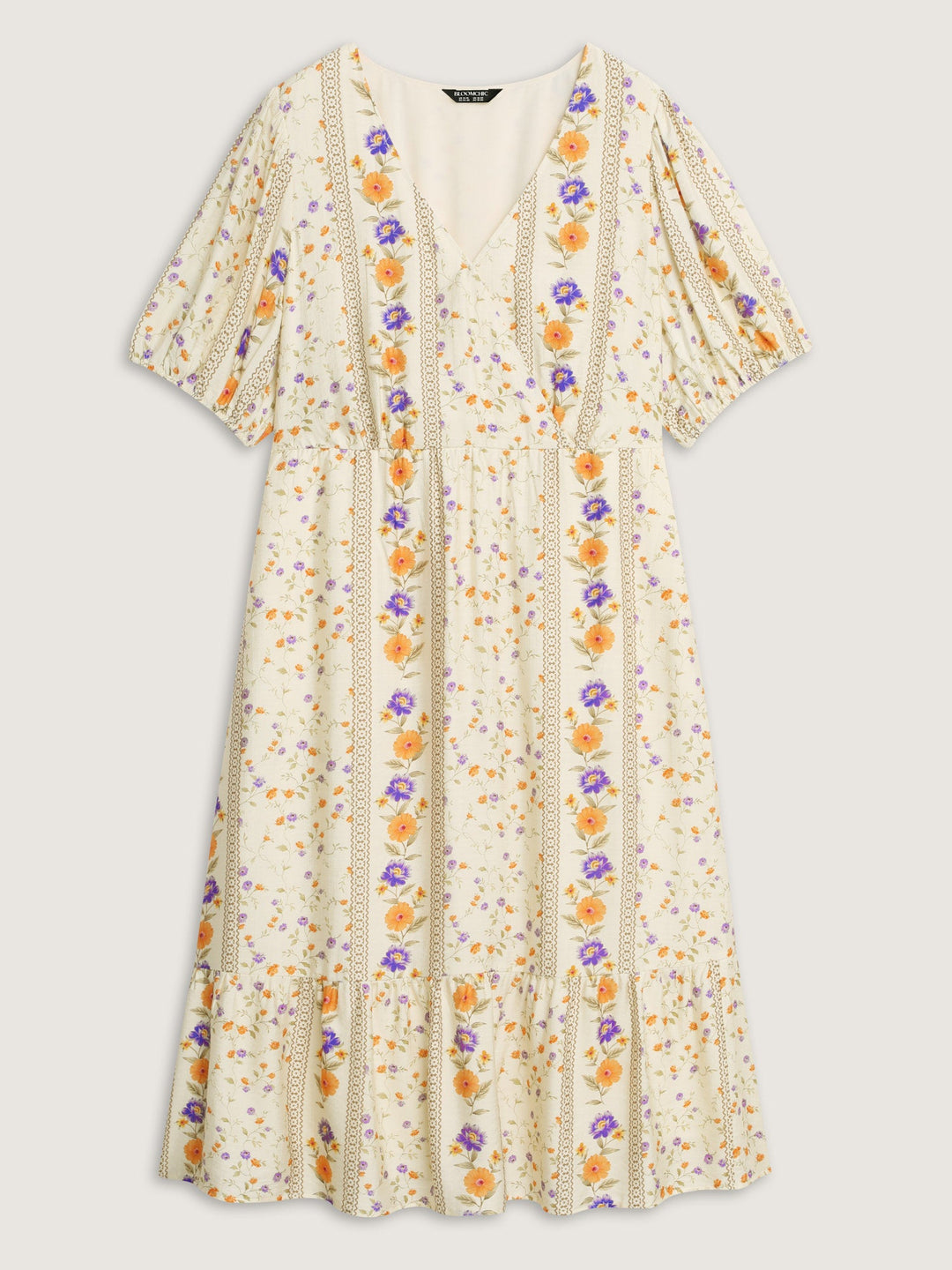 Floral Print Surplice Neck Tie Midi Dress