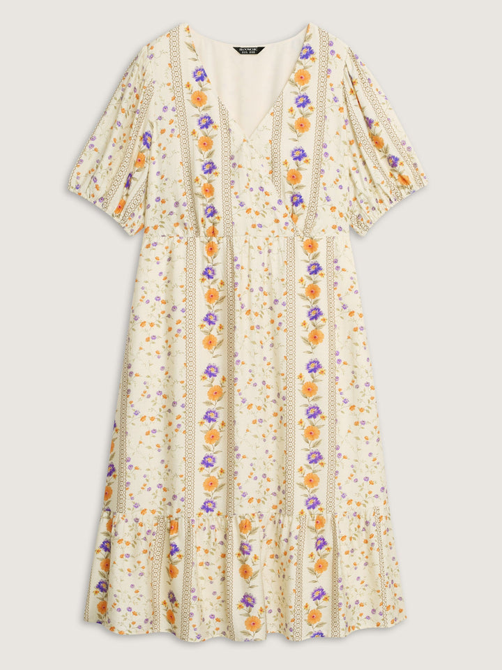 Floral Print Surplice Neck Tie Midi Dress