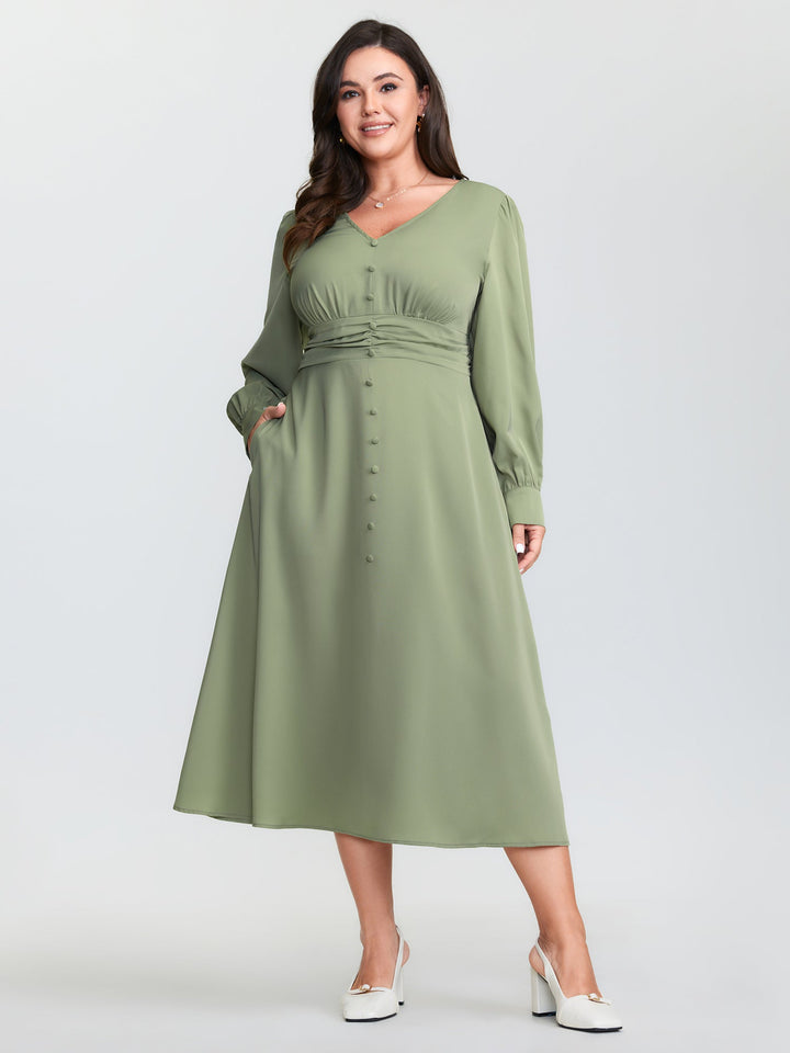Pleated Waist Deep V-Neck Midi Dress