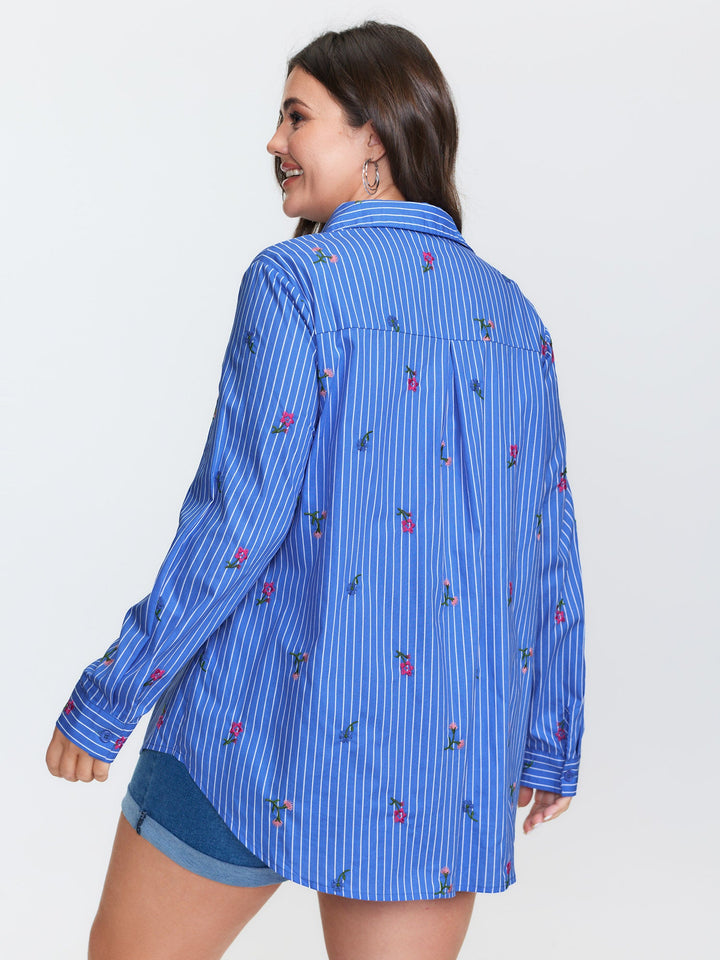 Floral Embroidered Striped Button-Down Shirt