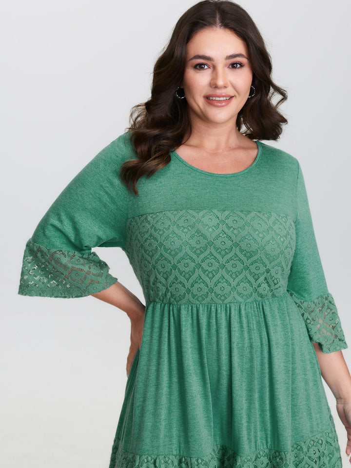 Lace Trim Tiered Sheer Sleeve Midi Dress