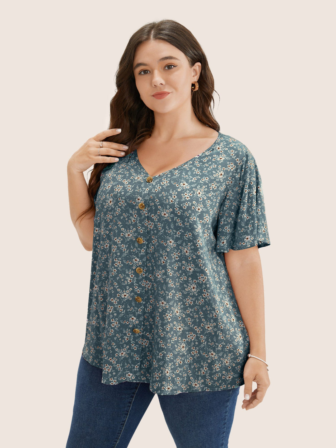 Ditsy Floral Contrast Ruffle Sleeve Button Detail Blouse
