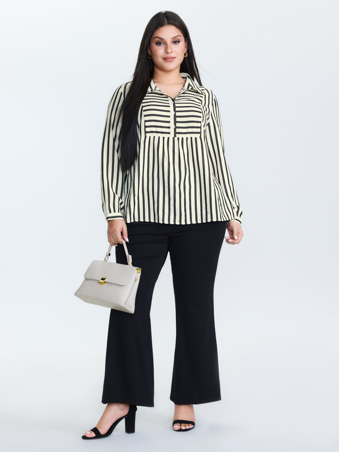 Striped Collar Textured Half-Placket Blouse