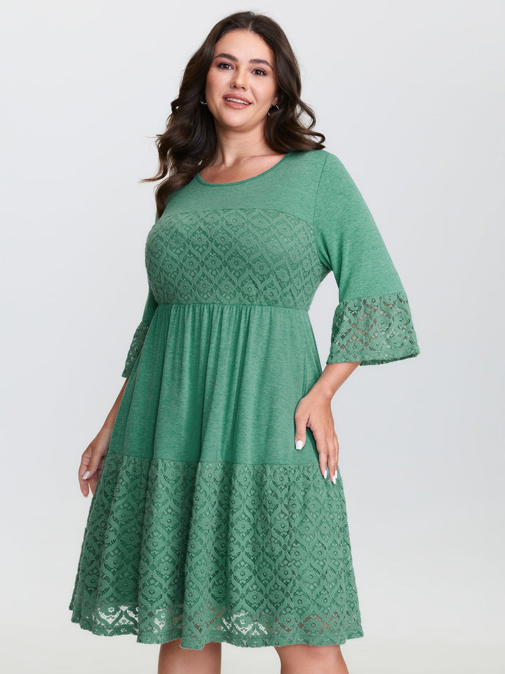 Lace Trim Tiered Sheer Sleeve Midi Dress