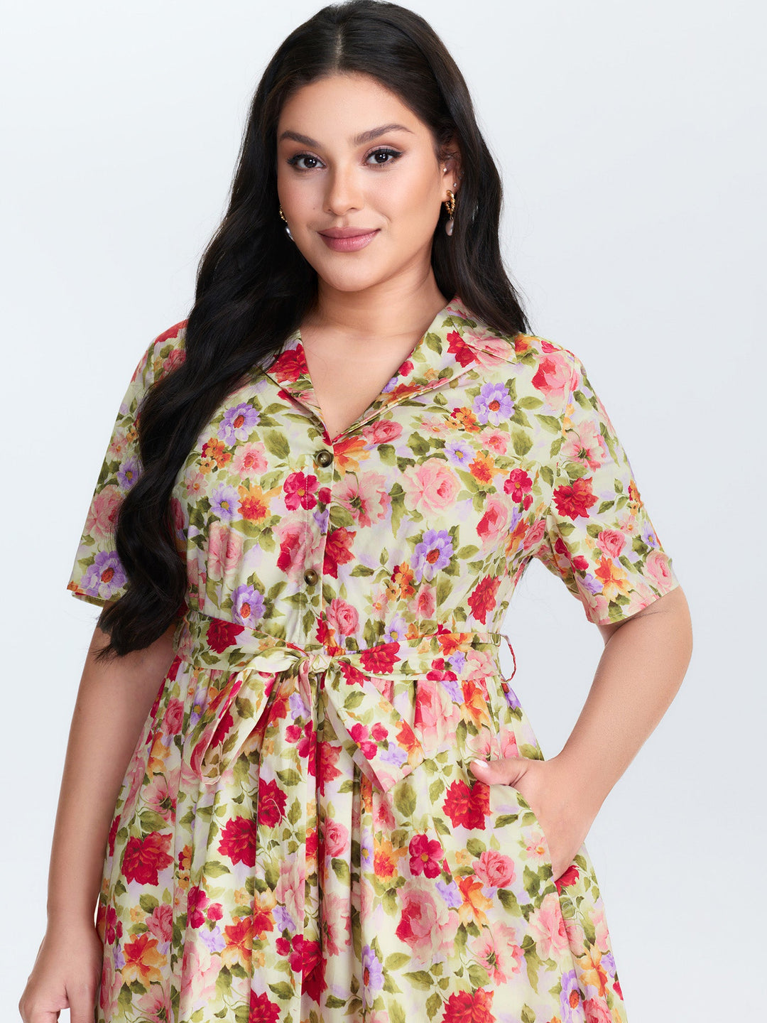 Cotton Bright Floral Belted Midi Dress