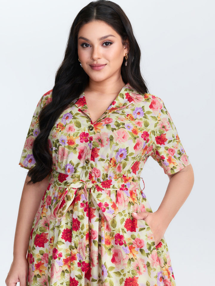 Cotton Bright Floral Belted Midi Dress