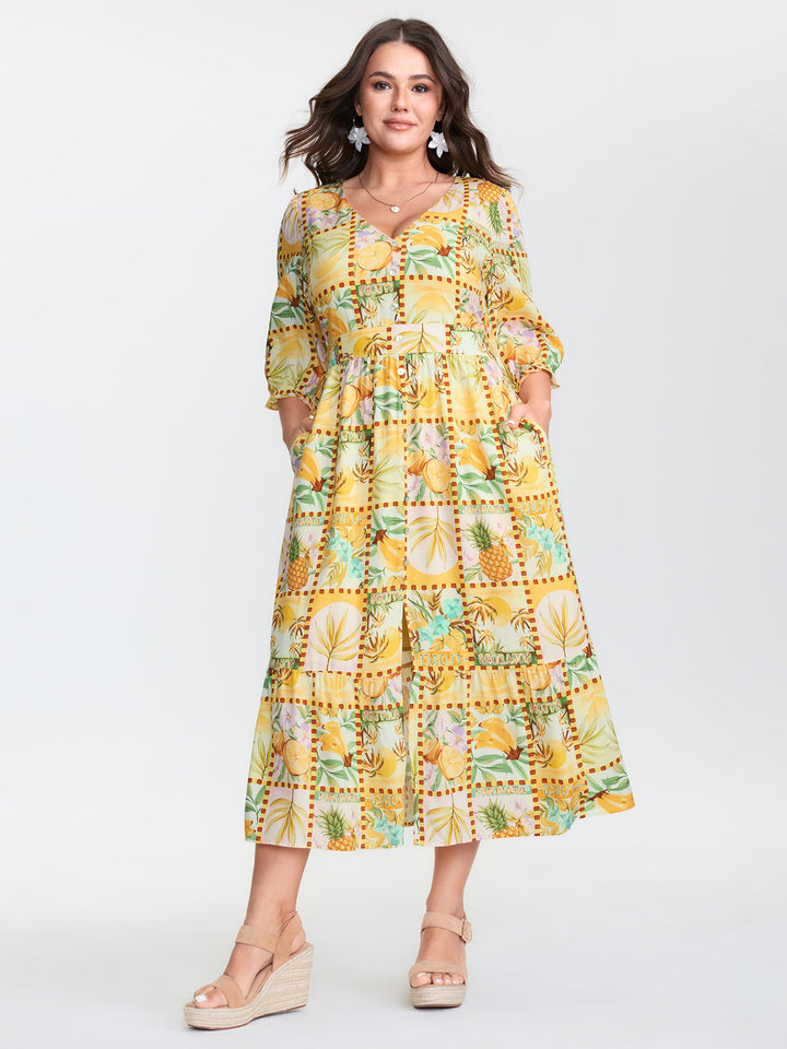 Fruity Collage Cinched Waist Slit Maxi Dress