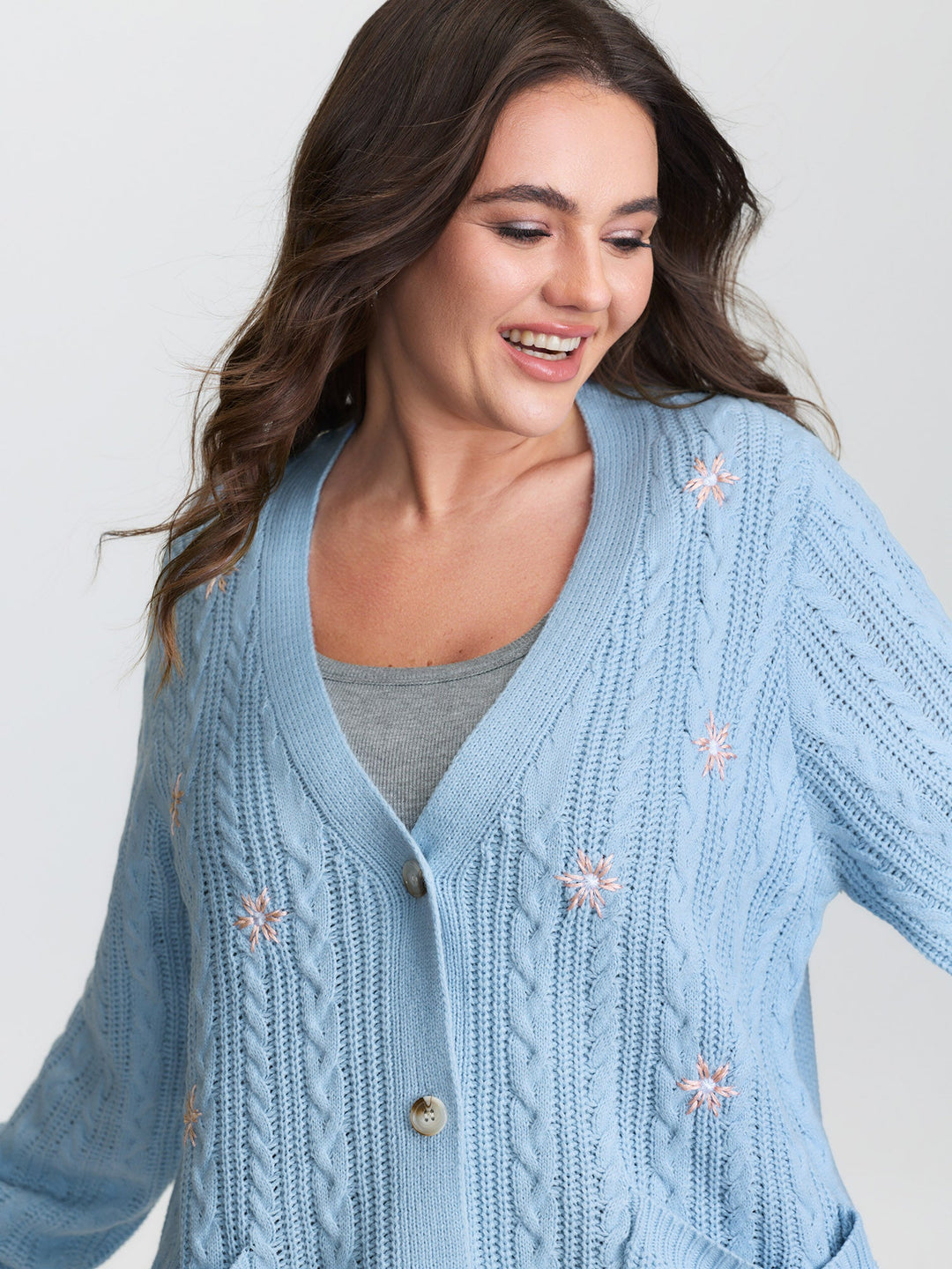 Braided Texture Floral Embroidery Knit Cardigan