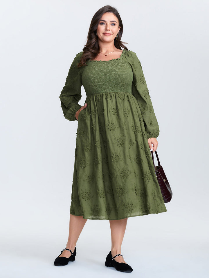Textured Embroidery Shirred Square Neckline Midi Dress