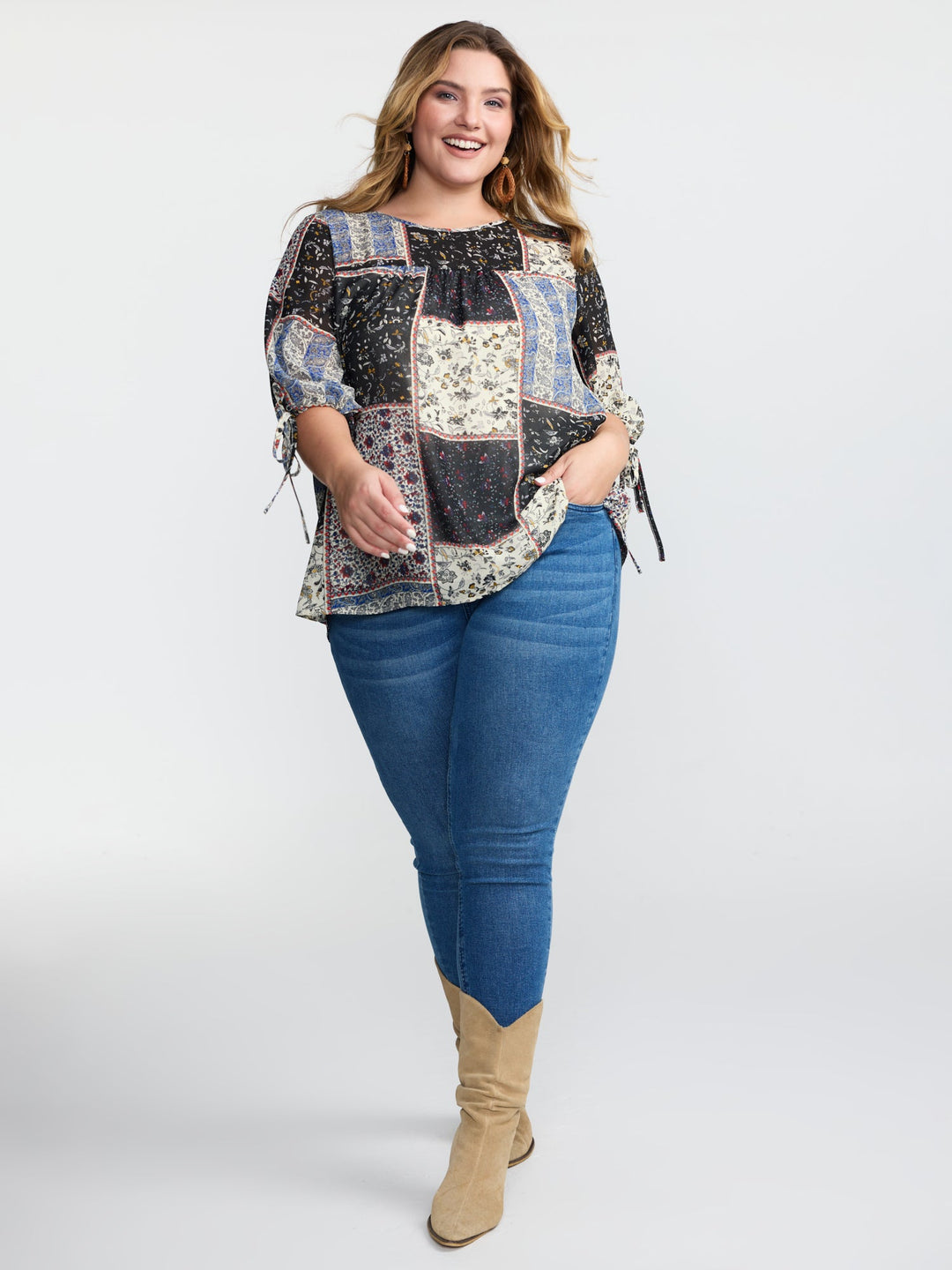 Boho Collage Print Sleeve-Tie Blouse