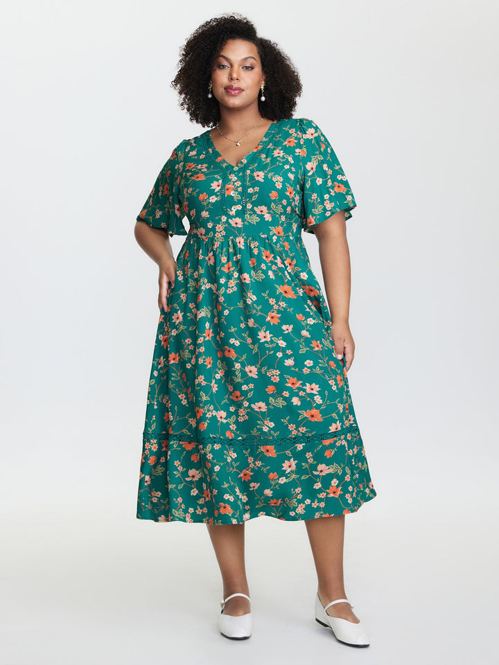 Floral Fun Lace Trim Shirred Midi Dress