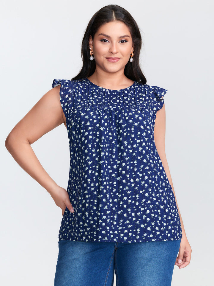 Floral Print Flutter Sleeve Blouse