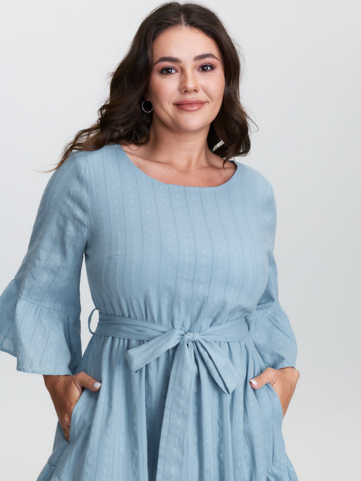 Pure Cotton Jacquard Textured Waist-Tie Midi Dress