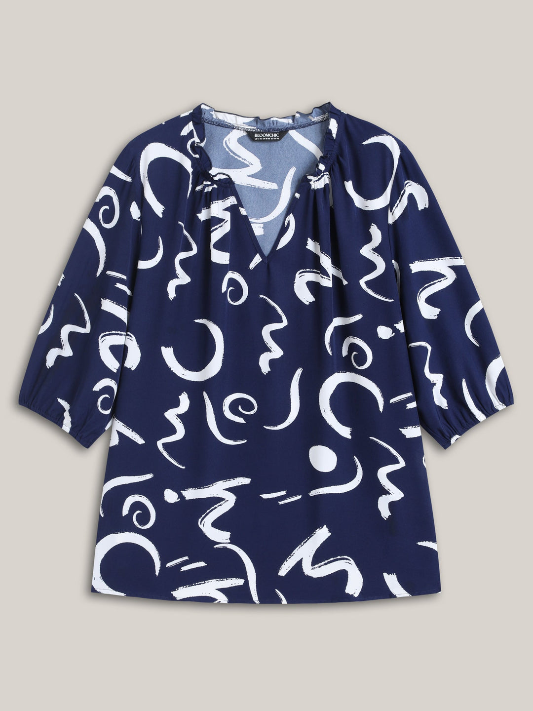 Scribble Print Ruffled Split Neck Blouse