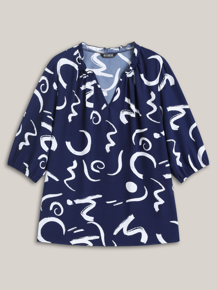 Scribble Print Ruffled Split Neck Blouse