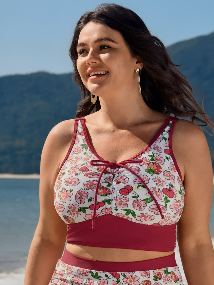 Floral Print Drawstring Front Swim Top