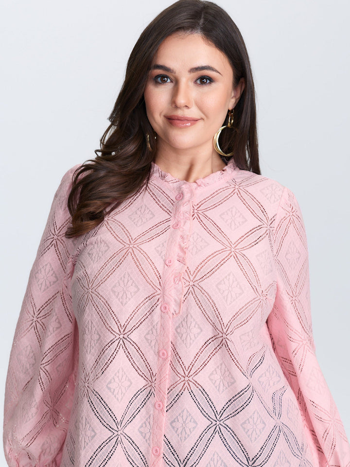 Geometric Texture Lace Trim Blouse
