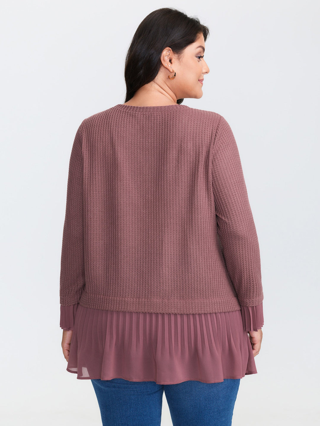 Waffle Chiffon Hem Crew Neck Top