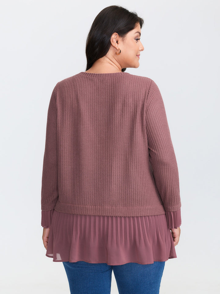 Waffle Chiffon Hem Crew Neck Top