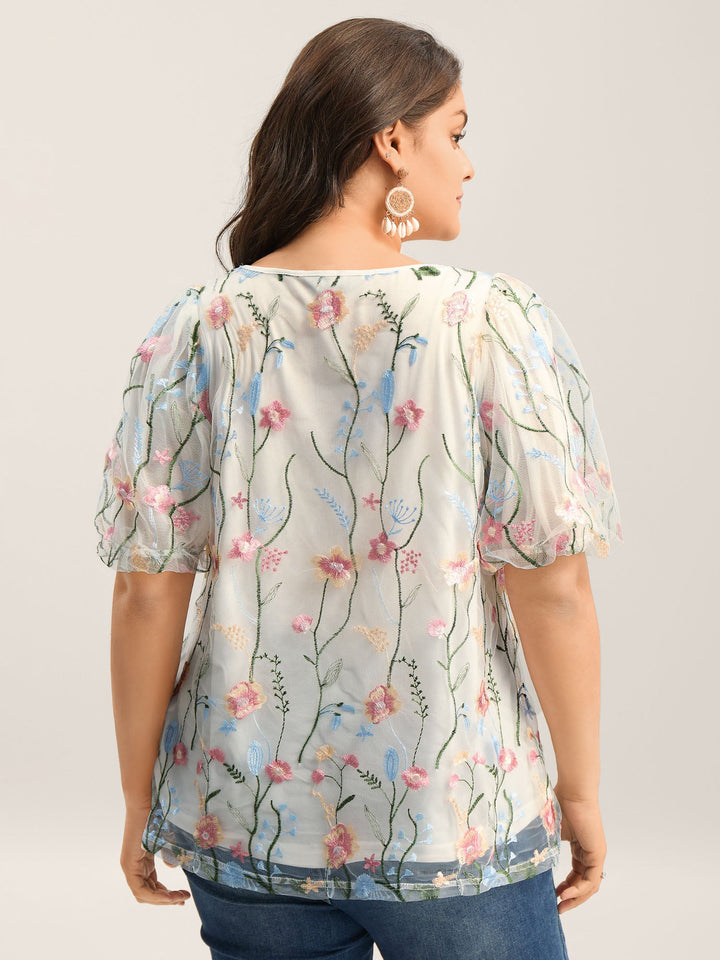 Floral Embroidered Mesh Bubble Sleeve Blouse