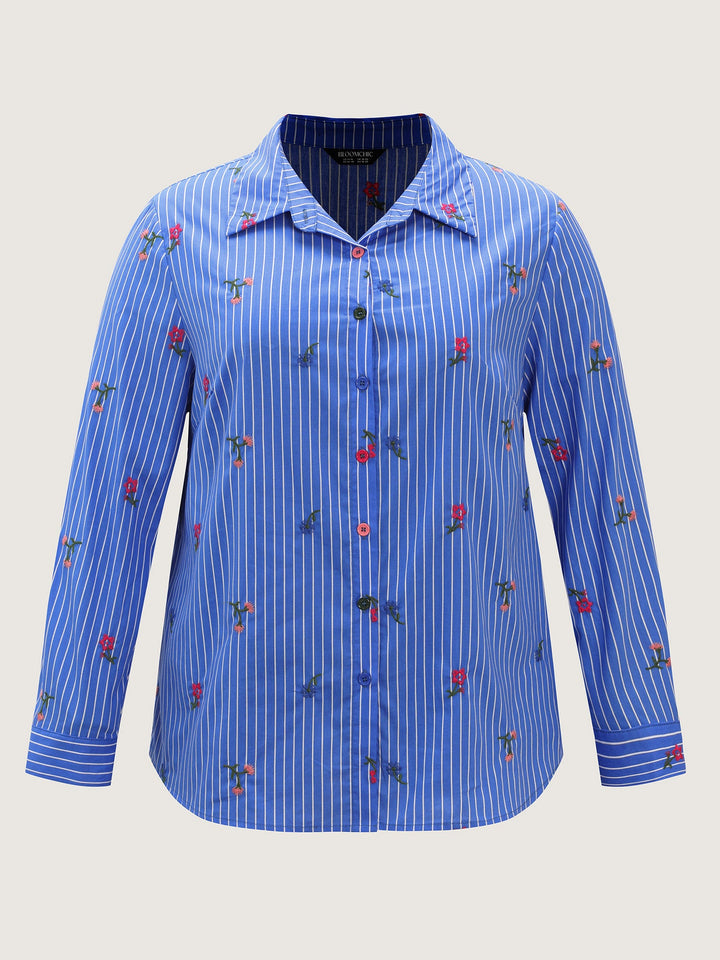 Floral Embroidered Striped Button-Down Shirt
