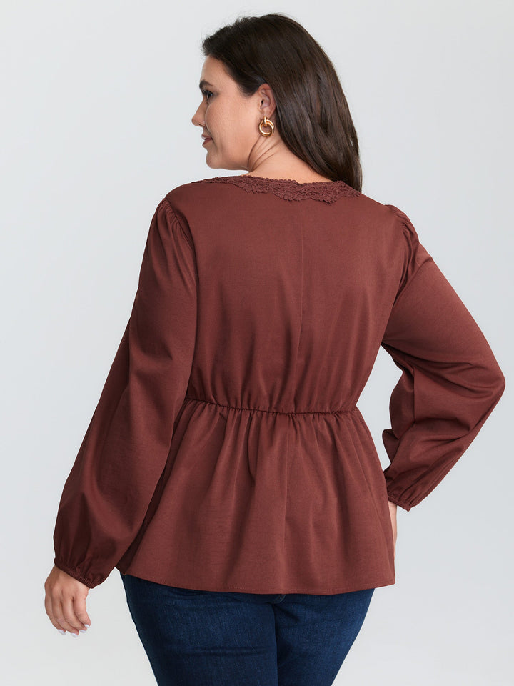 Lace Trim Cinched-Flared Blouse