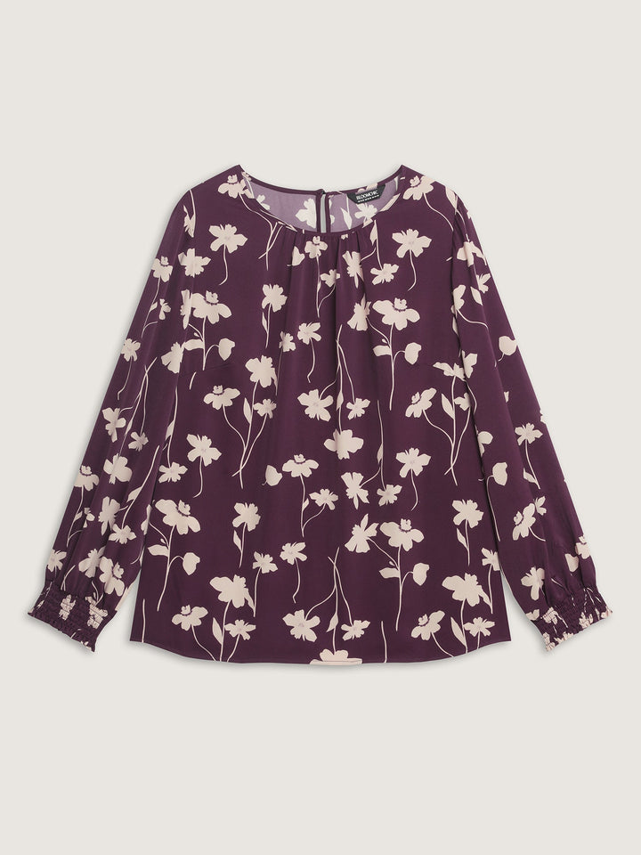 Floral Print Shirred Cuff Sleeve Blouse