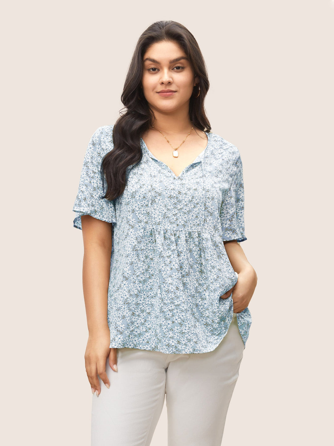 Ditsy Floral Ruffle Sleeve Gathered Ties Blouse