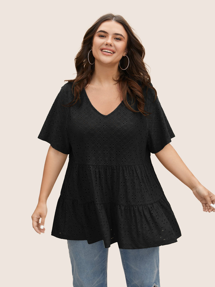 Solid Broderie Anglaise Ruffle Layered Hem T-shirt