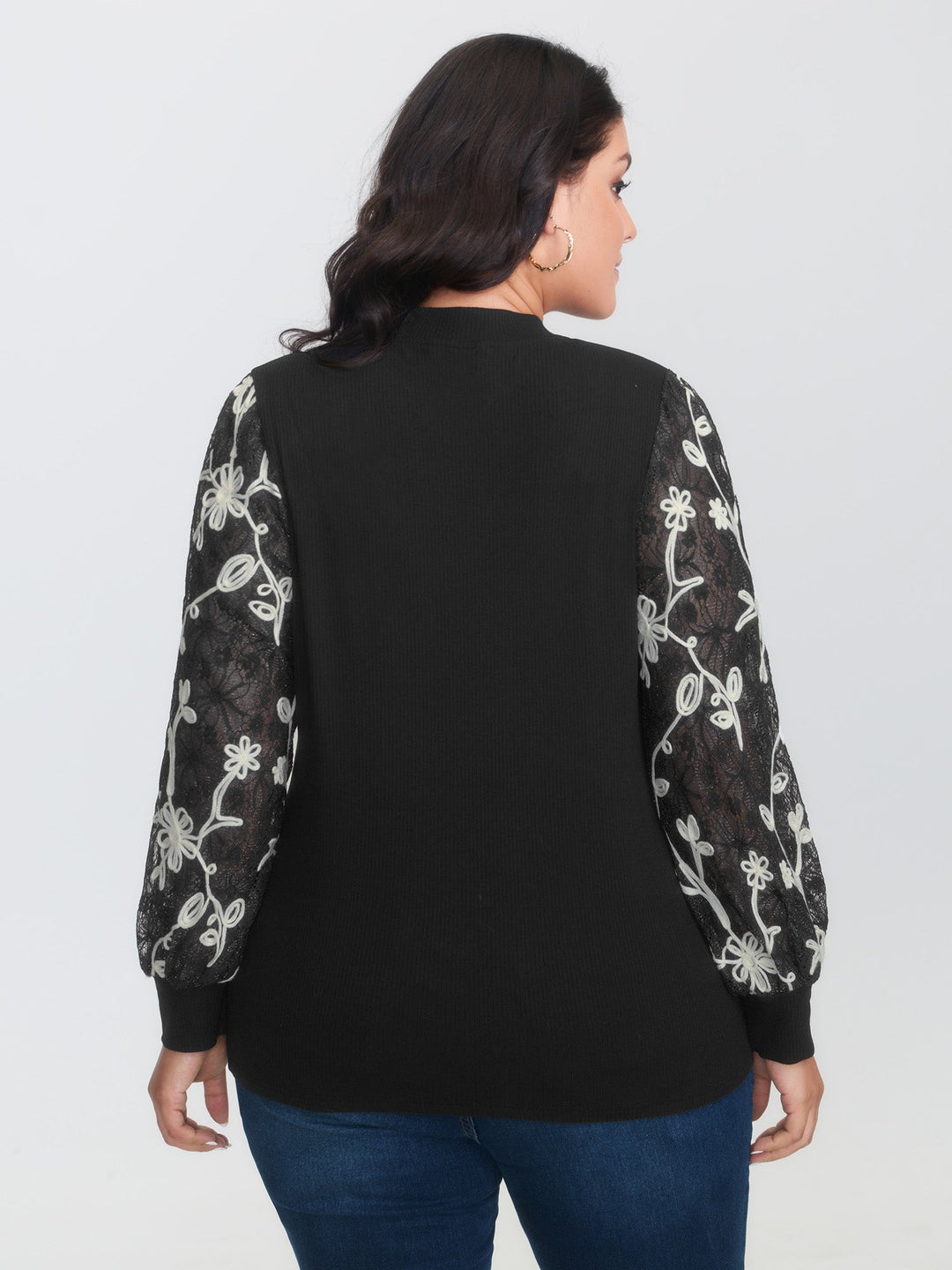 Floral Embroidered Lace Mock Neck Knit Top