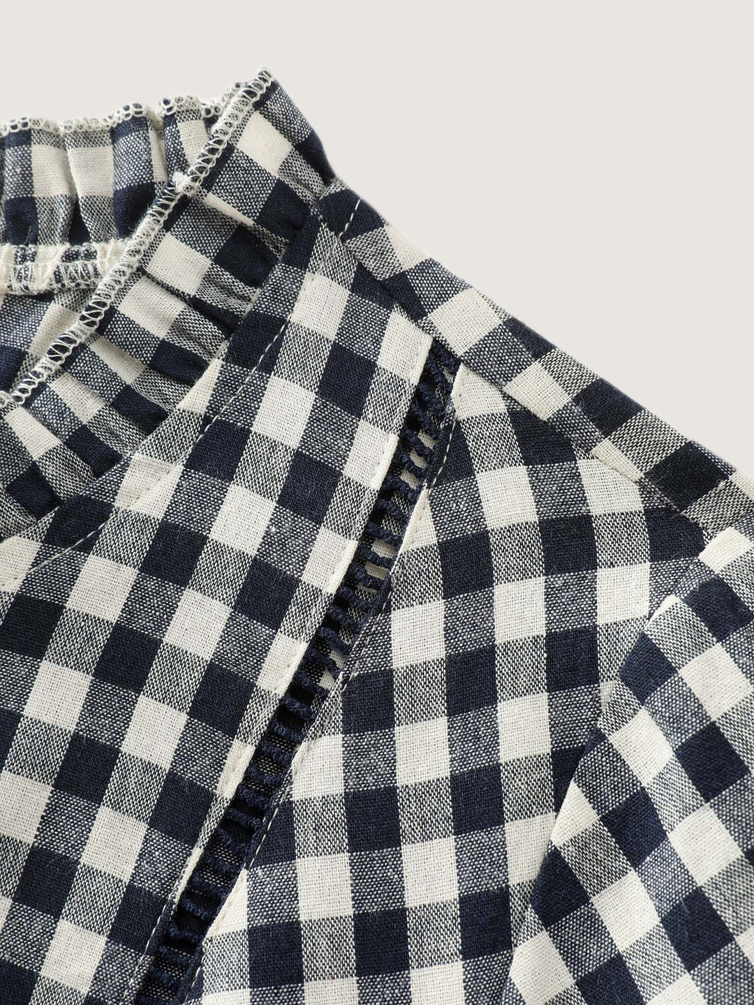 Checkered Drawstring Neckline Blouse