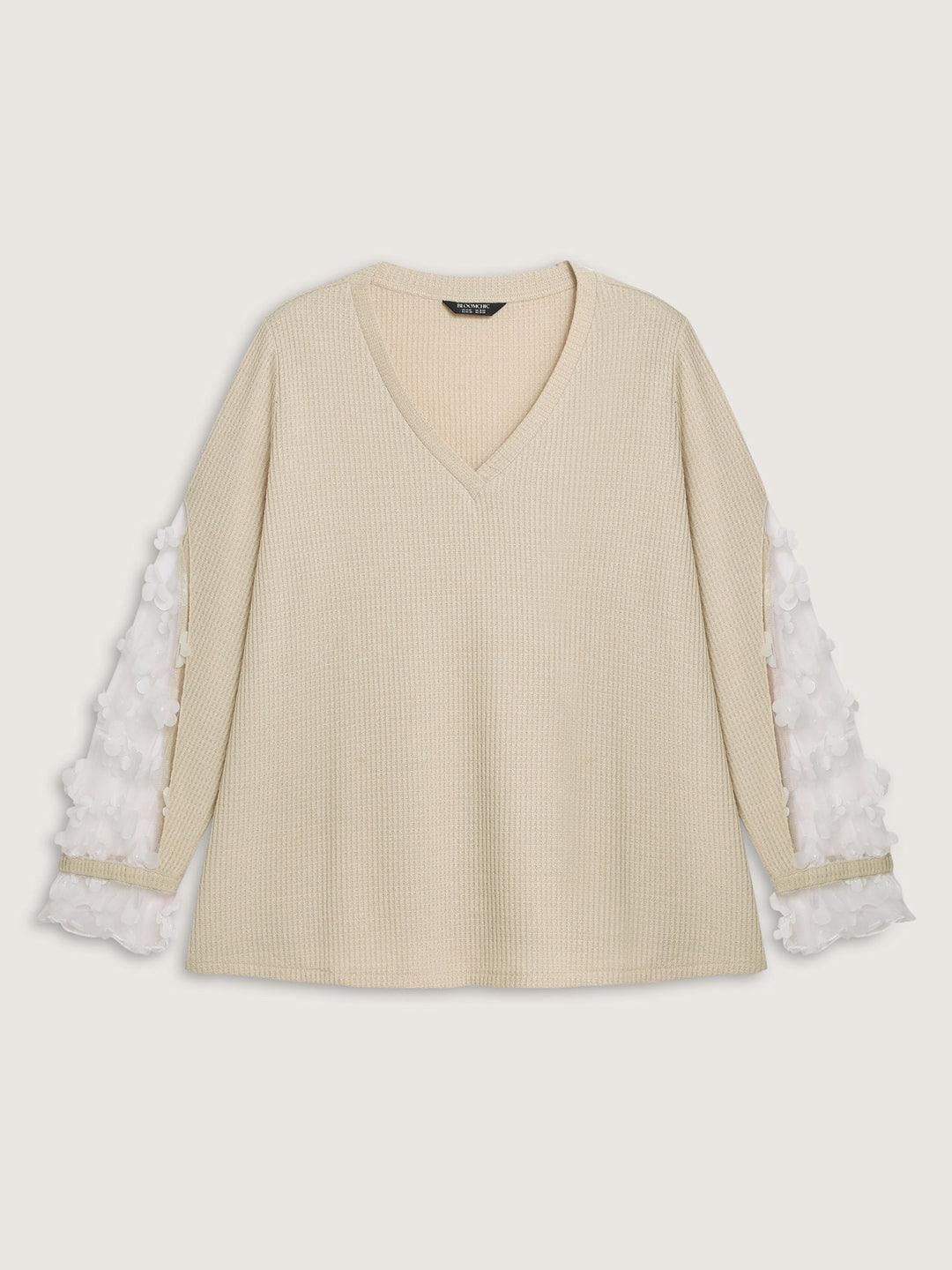 Floral Sheer Textured Sleeve V-Neck Sweatshirt