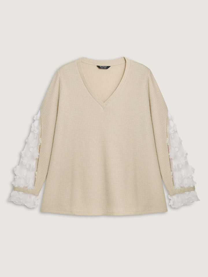 Floral Sheer Textured Sleeve V-Neck Sweatshirt