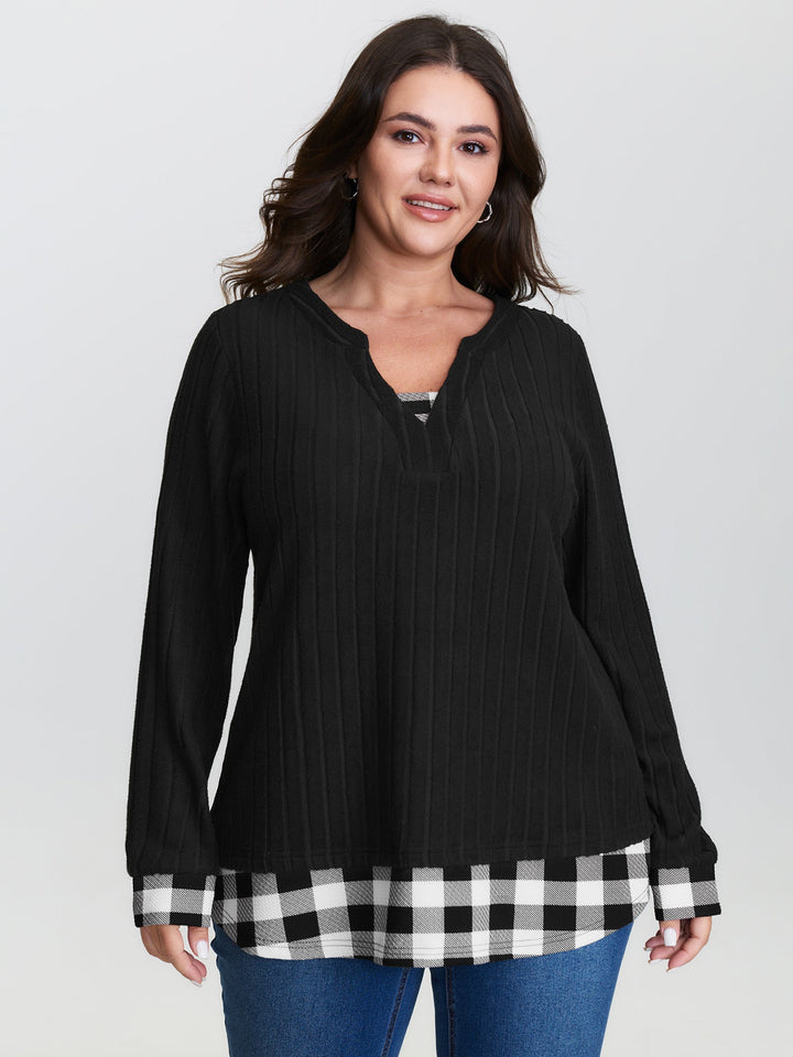 Checkered Notched Collar Contrast Knit Top