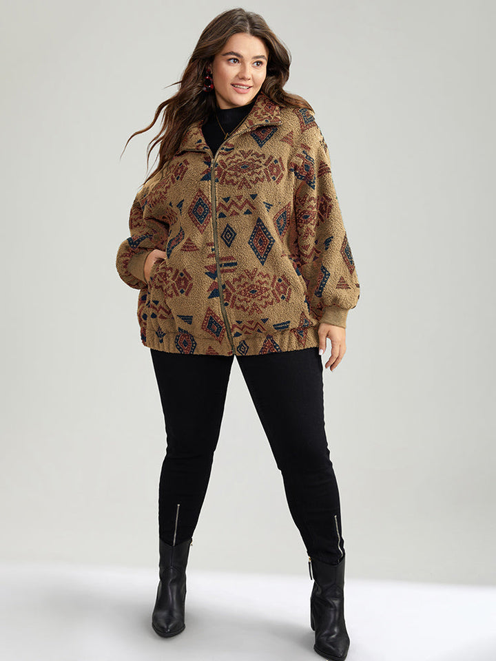 Geometric Pocket Gathered Zipper Jacket