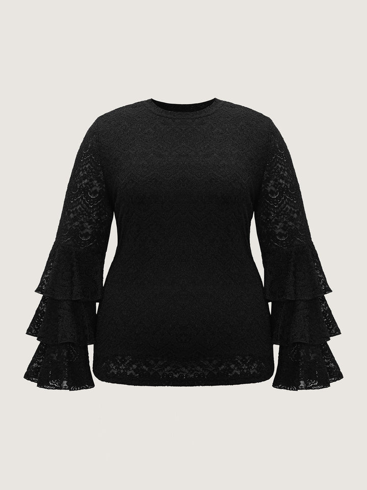 Stretchy Layered Sheer Lace Trim Knit Top