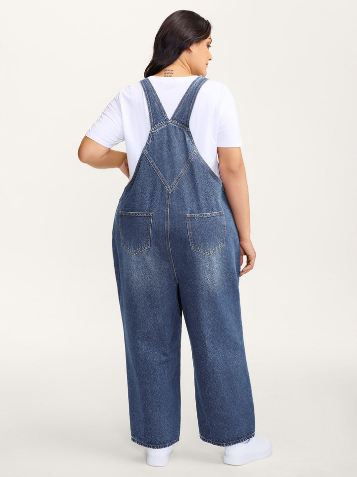 Cotton Relaxed-Fit Side Button Overall Denim Jumpsuit