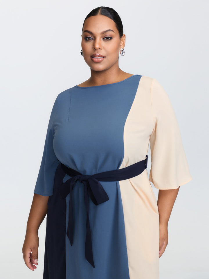 Colorblock Belted Round Neck Midi Dress
