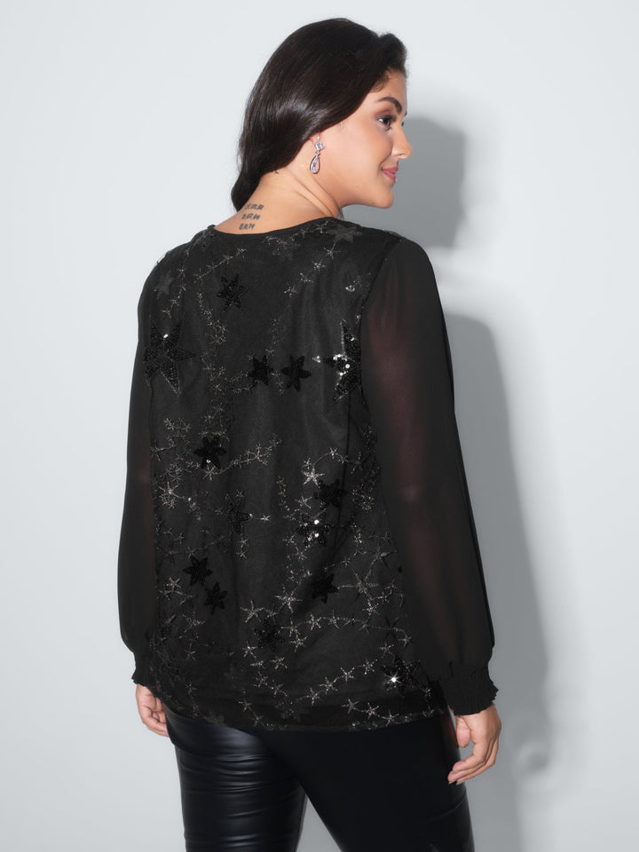 Shimmery Sequin Shirred Cuff Blouse
