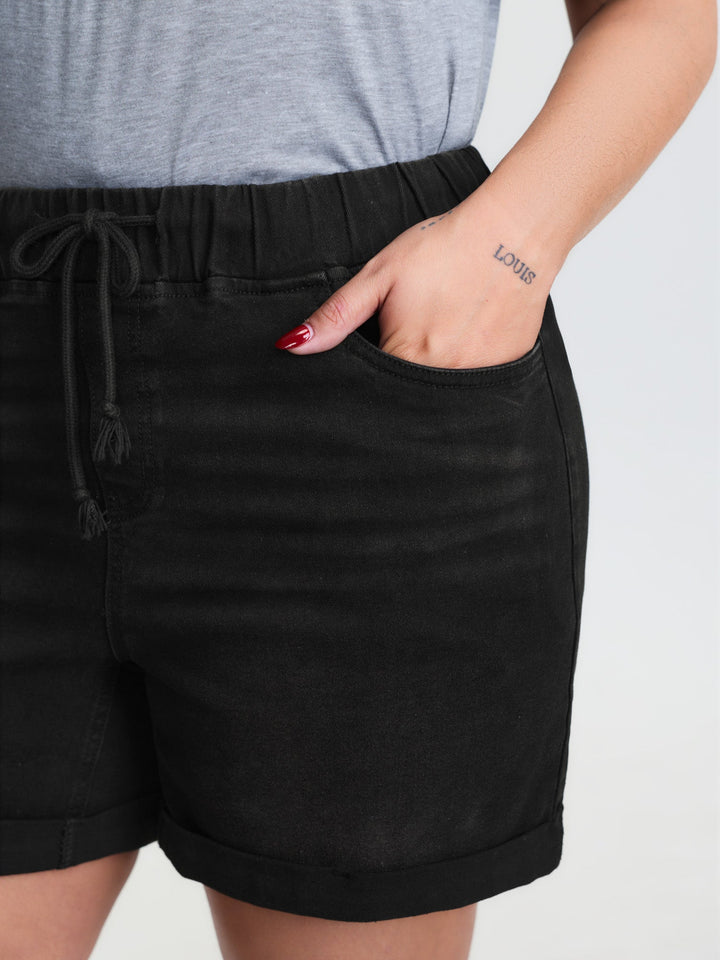 Distressed Drawstring Roll Hem Denim Shorts