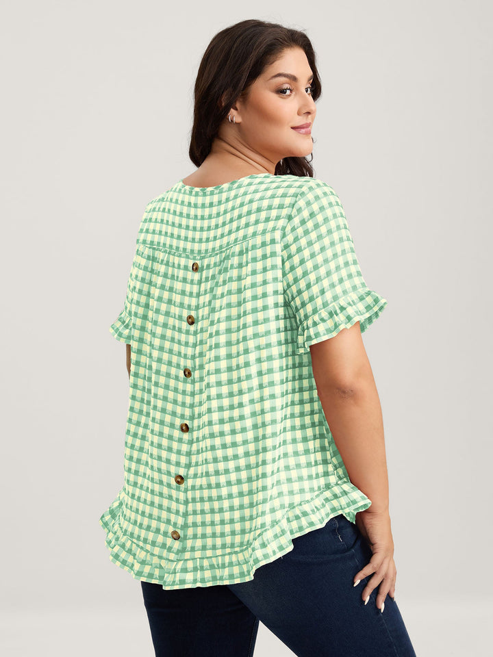 Gingham Print Button Back Blouse